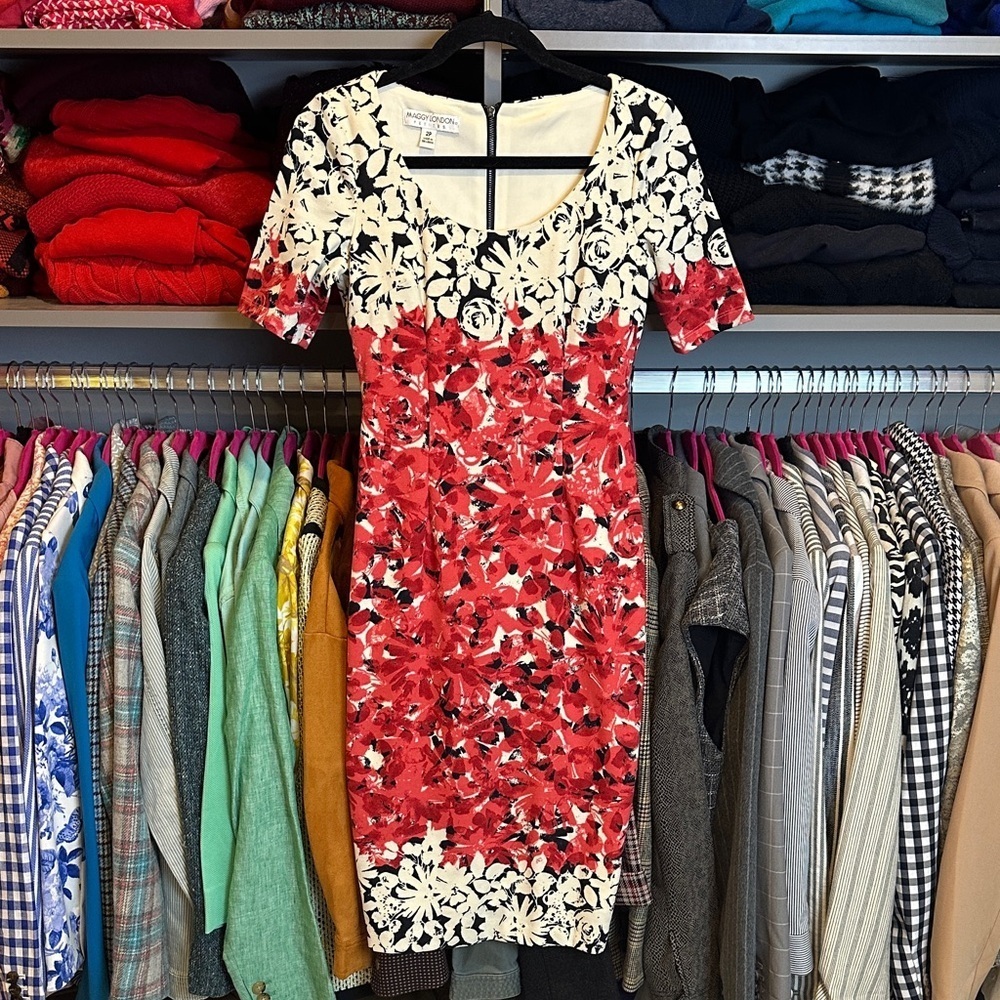 Maggy London white/black/red floral short sleeve lined midi dress size 2P